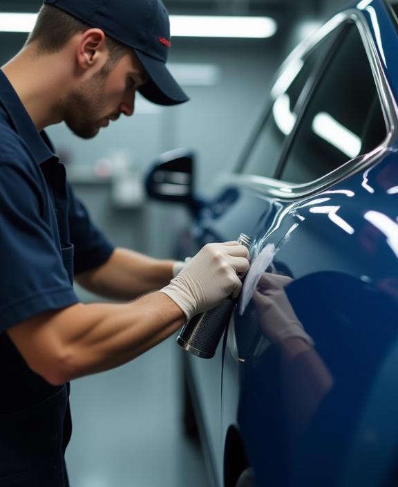 Un detailer di Taruga Auto che applica con cura un prodotto sulla carrozzeria di un'auto.