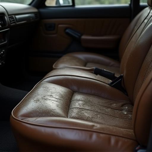 Interni in pelle di un'auto sporchi e usurati.